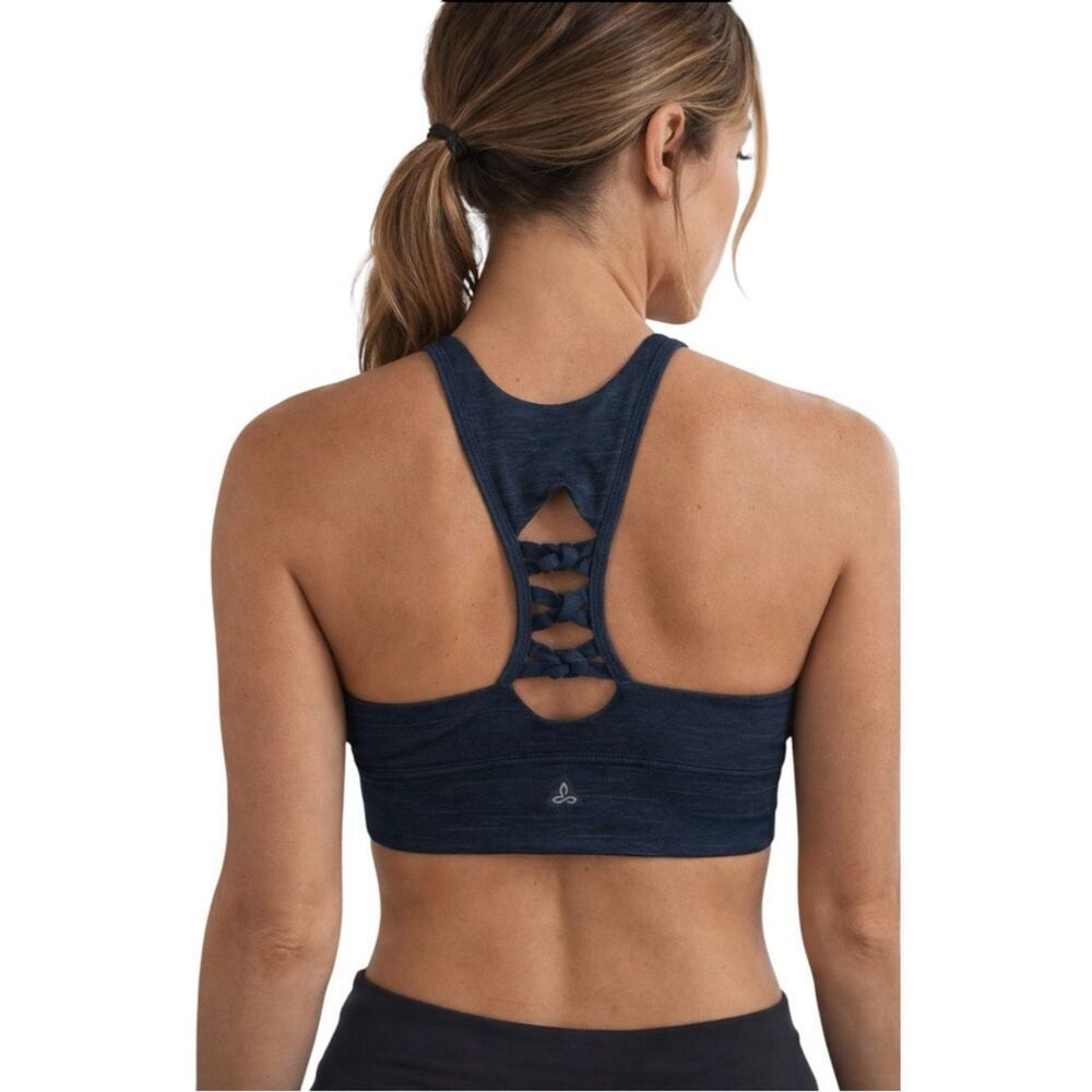 Prana ITZEL Blue High Neck Strappy Racerback Athletic Yoga Active Sport Bra S